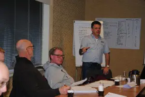 Trainer Wilbert Teunissen geeft uitleg aan de cursisten.