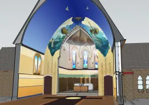 Artist impression van de nieuwe polychromie in de kerk.